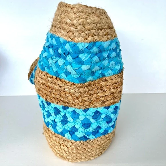 CHICO’S Beige Woven Jute Raffia Turquoise Blue Fabric Beach Travel Shoulder Tote - Picture 8 of 11